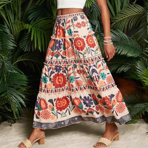 Boho Multicolor Stretchy High Waist Maxi Skirt - Picture 3 of 4